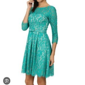 Teal lace cocktail dress with belt